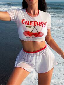 4件套女士高弹力樱桃图案可爱系带比基尼泳衣，甜美水果设计沙滩泳装假日派对夏季度假白色 - 白色 - 查看 6
