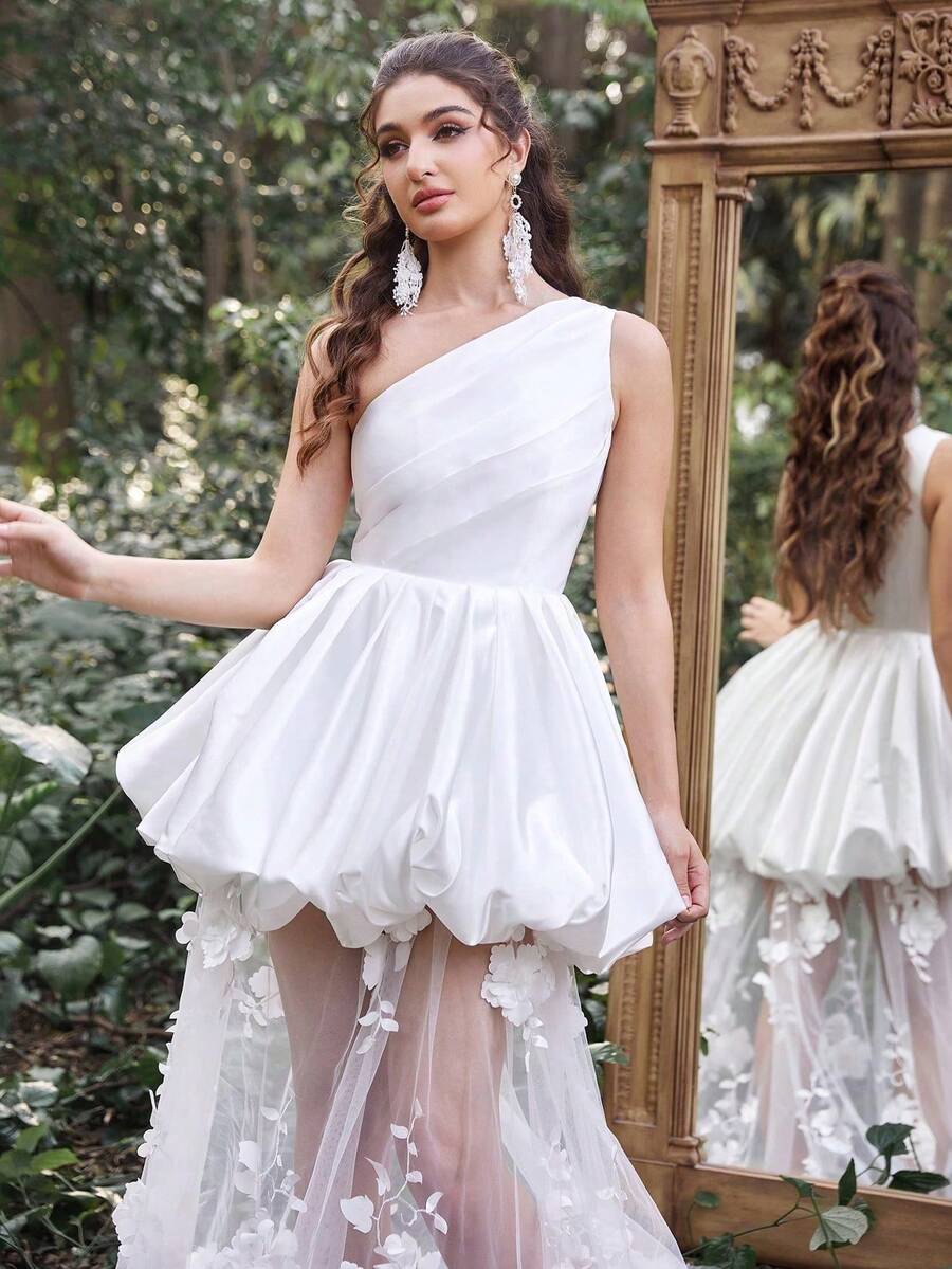 Faeriesty Vestido de noche elegante de línea A con un hombro, con decoración floral en cascada y dobladillo de gasa esponjoso, adecuado para ceremonia de boda, gala de etiqueta negra, alfombra roja, banquete formal y fiesta nupcial, color blanco primaveral - Blanco - Ver 1