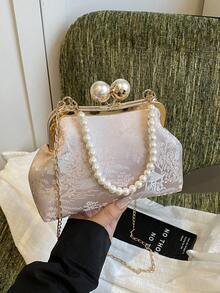 Túi xách trang trí ngọc trai với họa tiết hình học ngẫu nhiên và graffiti, kiểu dáng thanh lịch, thích hợp cho tiệc tùng và mua sắm. - Hồng - Xem 7