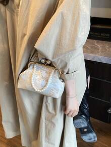 Bolso de mano con decoración de perlas con patrón geométrico y de graffiti aleatorio, elegante bolso de moda para fiesta y compras - Beis - Ver 3