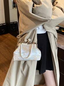 Bolso de mano con decoración de perlas con patrón geométrico y de graffiti aleatorio, elegante bolso de moda para fiesta y compras - Beis - Ver 4