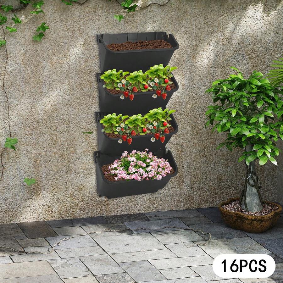 DONSU 16er-Pack vertikale Pflanzgefäße zur Wandmontage mit Drainage und Wasserreservoirs für den Kräuter- und Sukkulentengarten auf dem Balkon - Standard - Übersicht 1