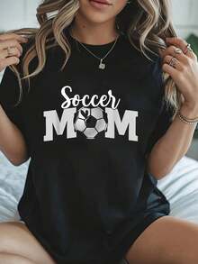 100% Pure Cotton Soccer Mom Cute Letter Print Cute Mother's Day Funny Printed T-Shirt For Women,Comfortable Cozy Summer Styles, Suitable For Womens' Daily Casual Wear - Black - View 6