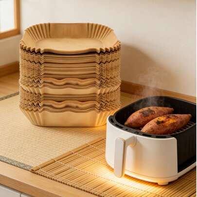 500片装方形空气炸锅垫，轻松清洁，懒人厨师好帮手：加厚型空气炸锅烘焙纸垫，告别粘腻凌乱！一次性方形空气炸锅垫，不粘防漏，优质一次性空气炸锅内衬——材质耐热，节省空间，适合日常烹饪。