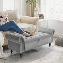Ottoman Storage Bench,Sofa Bench,Foot Rest Stool,Velvet End Of Bed Bench,Storage Box With Lid, Entryway Bench,168 KG Load Capacity - Light Grey - View 3