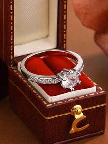 六爪圆形几何合成锆石戒指，订婚/情人节礼物，女士珠宝 - 白色 - 查看 5