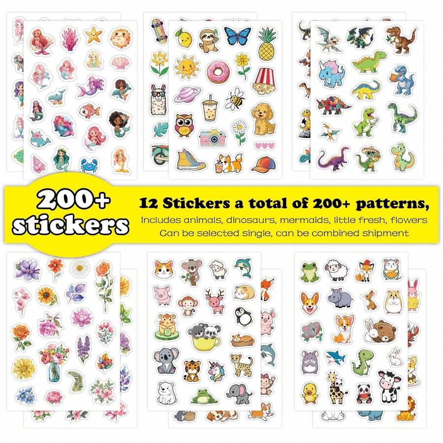 200張/12張兒童小尺寸塗鴉貼紙,印花卡通動物、植物、美人魚、恐龍圖案,返校季 - 彩色 - 查看 1