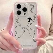 1pc Pink Framed Transparent Minimalist Camera Lens Protection Anti-Fall Anti-Collision Black Line Airplane Flight Map English Letter Pattern Phone Case, Personalized For IPhone 16 Pro Max, 17/16/15/14 Plus, 13/12/11, Air - Multicolor - View 2