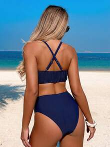 时尚女士高腰比基尼套装，吊带背心式上衣，荷叶边装饰和撞色包边，中等弹力泳装 - 藍色 - 查看 2