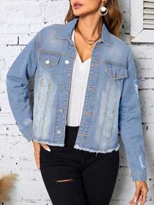 Chaqueta vaquera corta de inspiración vintage para mujer, abrigo vaquero de manga larga con botones, cuello y bolsillos para un estilo casual de otoño. - Azul - Ver 1