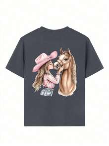 这款少女卡通印花T恤，图案是女孩亲吻马儿，面料柔软舒适，适合女孩户外运动、休闲穿着、街头风、校园风等各种场合，是春夏百搭的时尚单品。 - 深灰色 - 查看 3