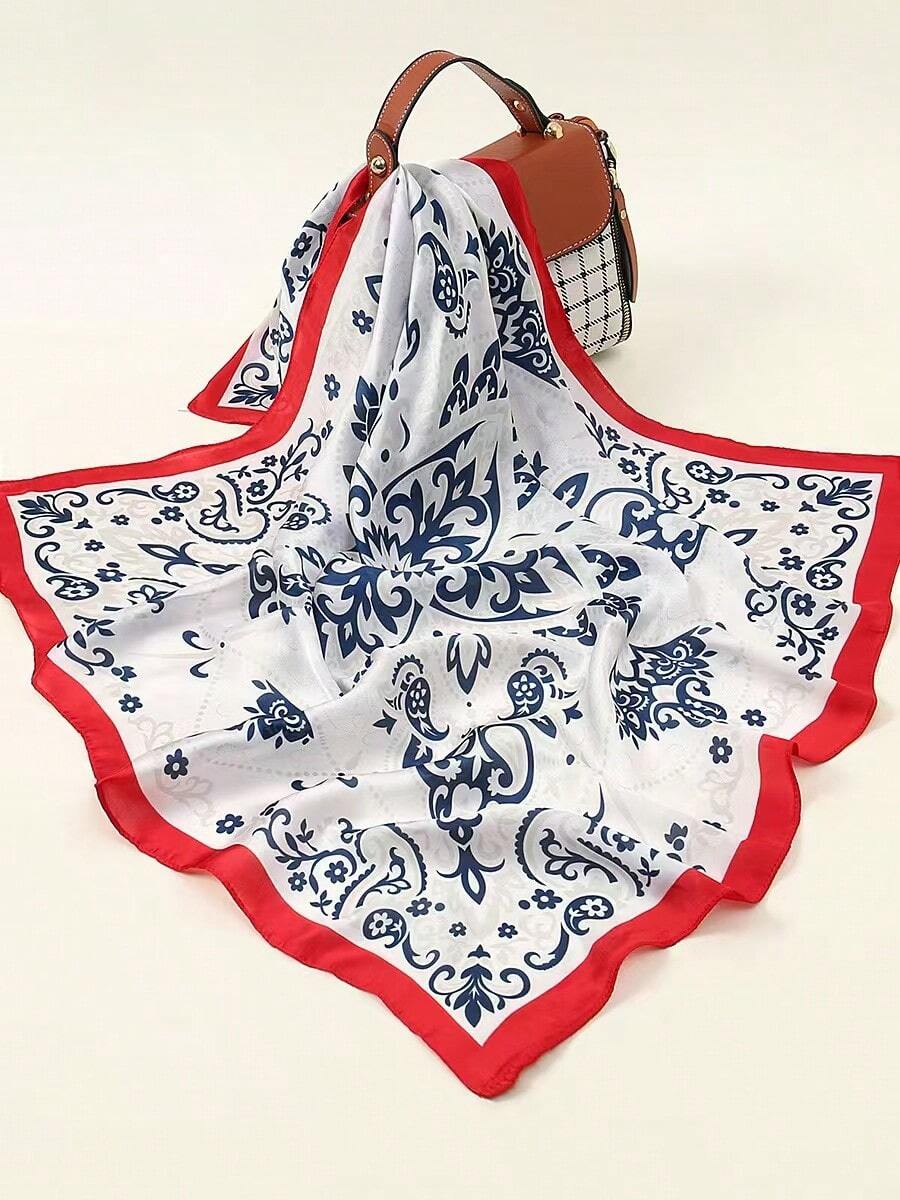 1条70*70厘米方形真丝围巾，女士缎面印花头巾，颈巾，发带，时尚女士披肩，围巾 - 紅邊藍白 - 查看 1