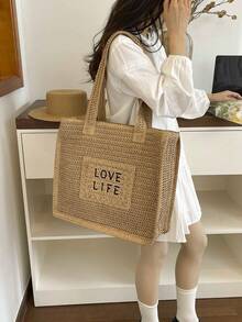 Straw Fashion Tote Bag, Women's Shoulder Bag, Large Capacity, Beach Bag, Letter Woven Oversized Bag - Khaki - View 8
