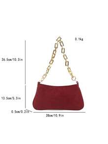 Gold Color Large Chain Soft Baguette Bag - Burgundy - View 7
