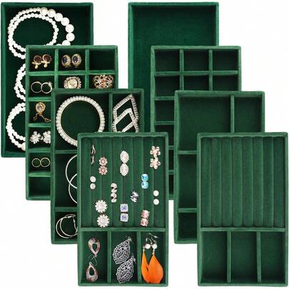 Velvet Stackable Jewelry Trays Organizer For Rings And Necklaces - 8 Pack