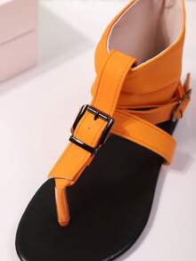Sandalias romanas planas para mujer, de unicolor y elegante, con diseño de cremallera trasera, adecuadas para vacaciones, fiestas y exteriores - naranja - Ver 6