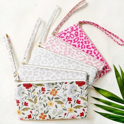 Fashionable And Exquisite Floral And Leopard Print Portable Makeup Bag With Wrist Strap, Thin Clutch Bag For Makeup Tools Storage, Gift For Women On Valentine's Day, Mother's Day, Includes Zipper Pouch, Multi-Purpose Cosmetic, Perfume, Stationery Organizer Bag