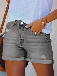 Women's Casual Loose Solid Color Cuffed Denim Shorts, Versatile For Daily Wear Summer - Light Grey - View 3