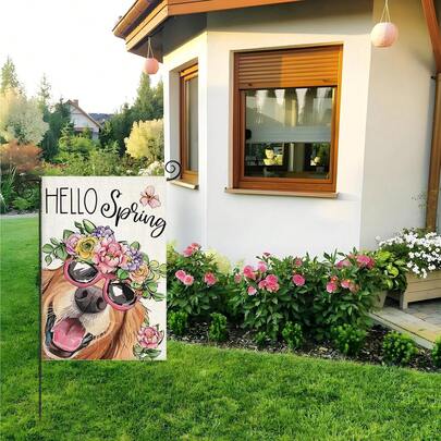 Spring Garden Flag, Double-Sided Dog Hat Decor With Flowers, Seasonal Summer Anniversary Wedding Decoration, Suitable For Farmhouse Holiday Outdoor