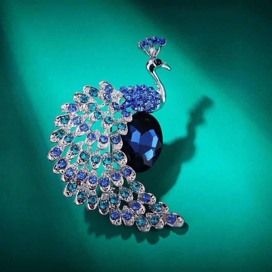 1pc New Sapphire Rhinestone Peacock Brooch, Fashion Accessory - Diamond-encrusted Peacock Brooch - View 1