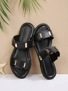 2026 Women's New Fashion Flat Sandals, Solid Color Plaid Geometric Pattern, PU Leather Material, Hollow-Out Design, Rivet Decor, Suitable For Beach And Resort Wear, Applicable For Spring And Summer - Black - View 7