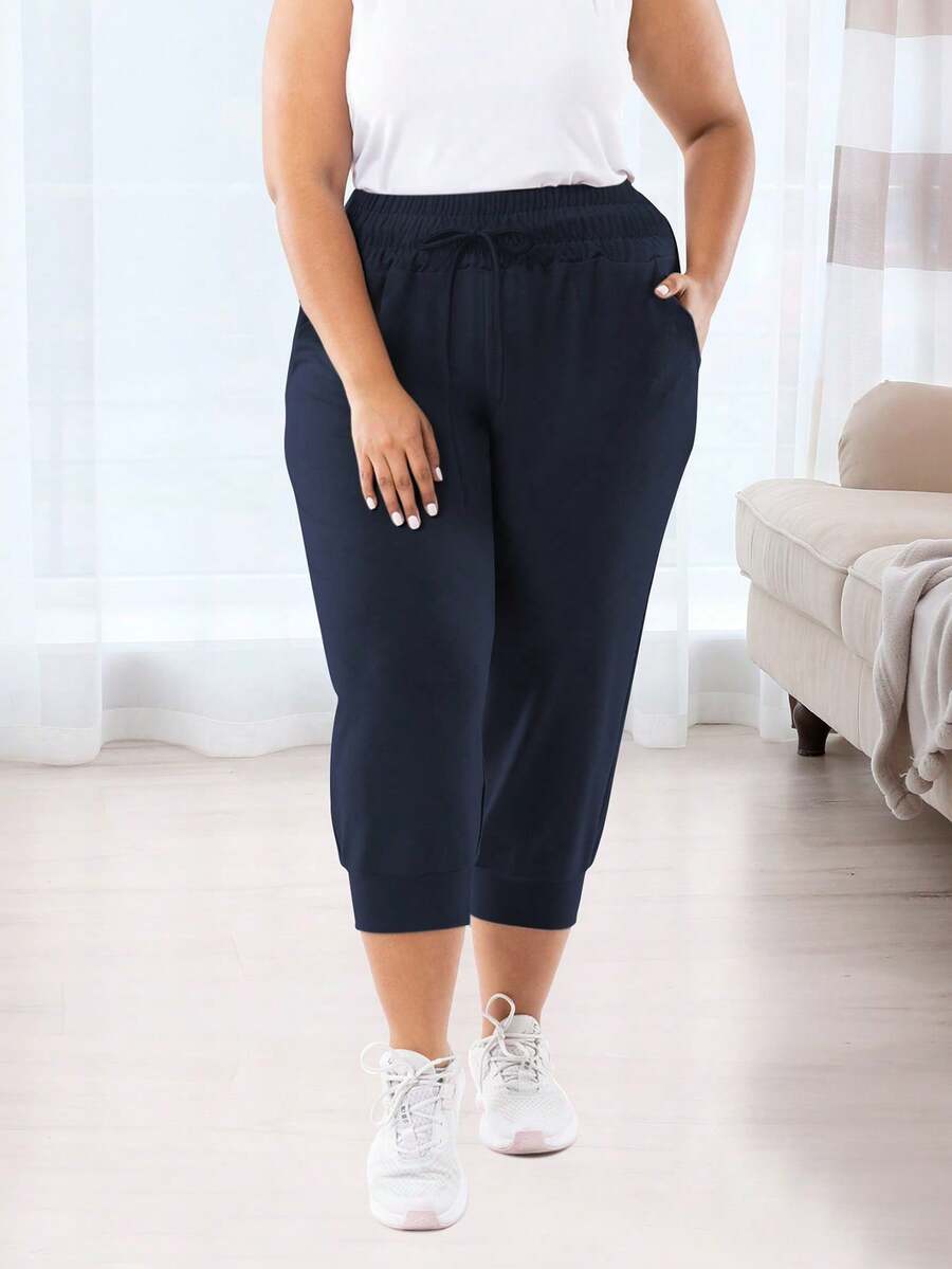 Plus Size Women's Casual Sports Capri Pants With Pockets & Drawstring Loose Fit Joggers Sweatpants For Running - Navy Blue - View 1