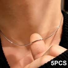 5pcs Ultra-Thin 1mm Snake Bone Chain, 316 Stainless Steel, Skin-Friendly, No Need To Remove When Showering, Versatile Chain, Suitable For Daily Wear Minimalist Jewelry, Unisex - Silver - View 5