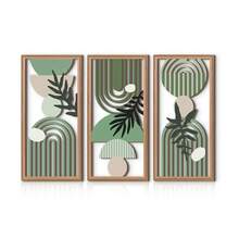 1set Fresh Green Wooden Rectangular Wall Decoration Sign, Geometric Hollow Lines And Plant Leaf Splicing Triple Decoration, Modern Art Home Entrance Background Wall Decoration, Natural Style Indoor And Outdoor Wall Art Decoration, Home Decoration (DIY Paste) - Multicolor - View 5