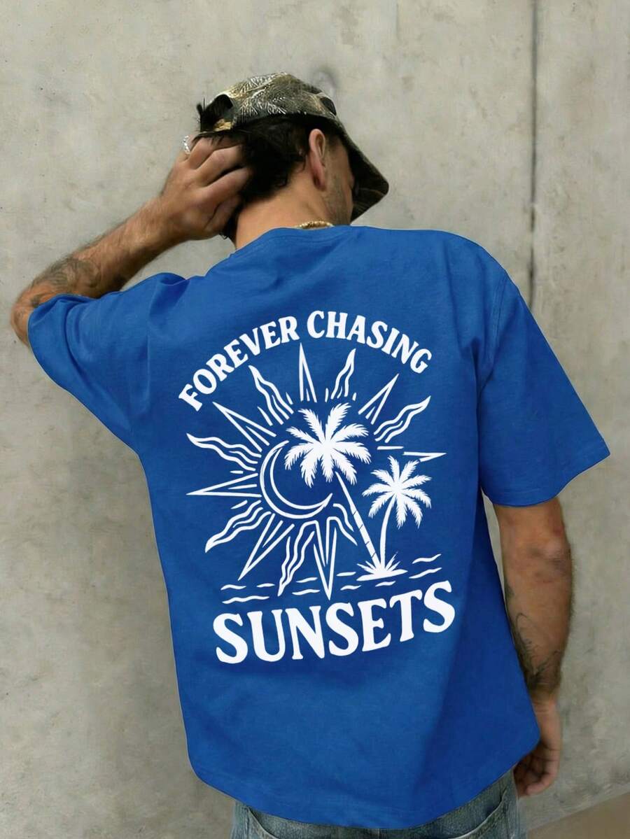 Fractyr Men's Casual Vacation Street Style Loose Fit Short Sleeve T-Shirt | Minimalist Palm Tree & Sun Letter Print | Sophisticated Design | Summer Essential | Versatile & Stylish - Blue - View 1
