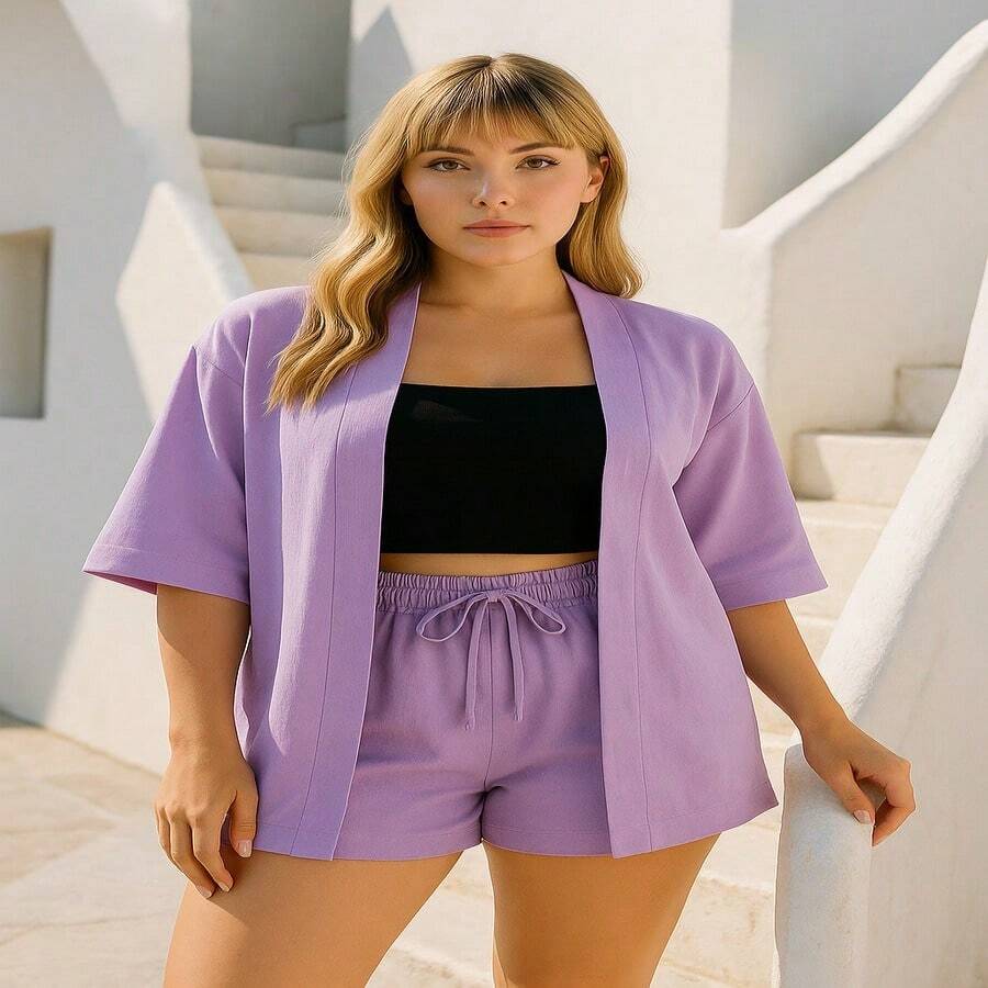 Conjunto Maranata em Tecido Duna Cardigã + Shorts com Bolso Cós Alto Feminino Casual Elegante Confortável Look Completo Moda Outono Primavera - Lavanda - Visão 1