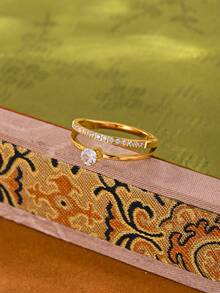 1pc Stainless Steel Zirconia Ring, Material, Harmless To Body, Eternal Classic Element, High Quality Minimalist Style, Suitable For Daily Wear - Gold - View 4