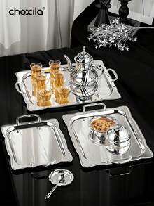 choxila Juego de 3 bandejas de almacenamiento de alta gama con mango plateado, que se pueden usar como bandejas de servir, bandejas para té, bandejas para accesorios de café/té, bandejas de exhibición de maquillaje, bandejas de almacenamiento multiusos, decoración del hogar, regalo para fiestas. Adecuado para el té de la tarde, la sala de estar, el dormitorio, el hotel, la cafetería, el restaurante y las reuniones familiares. - Plateado - Ver 1