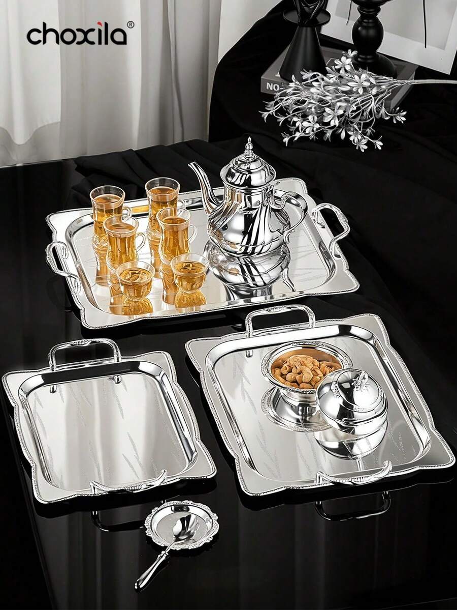 choxila Juego de 3 bandejas de almacenamiento de alta gama con mango plateado, que se pueden usar como bandejas de servir, bandejas para té, bandejas para accesorios de café/té, bandejas de exhibición de maquillaje, bandejas de almacenamiento multiusos, decoración del hogar, regalo para fiestas. Adecuado para el té de la tarde, la sala de estar, el dormitorio, el hotel, la cafetería, el restaurante y las reuniones familiares. - Plateado - Ver 1