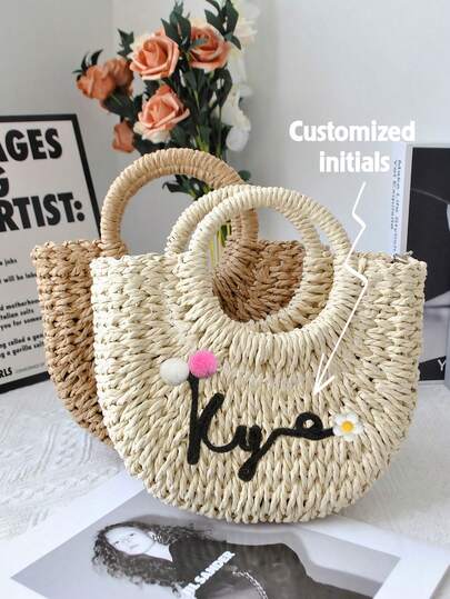 Personalized Initial Handwoven One Shoulder Tote Bag For Women, Drawstring Strap & Lining Design, Beige & Coffee Color Options, Essential For Beach & Holiday