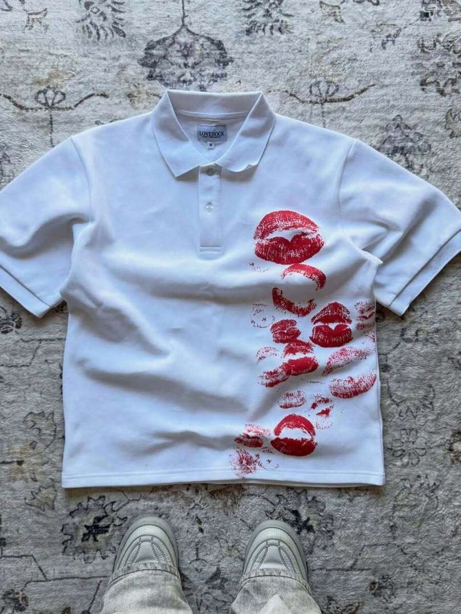 Y2K Lip Print Polo Shirt | Oversized Streetwear Casual Short Sleeve Top - 白色 - 查看 1