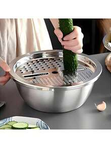 3 PiecesStainless Steel Shredding Basin Set, Thickened Drain Basket & Vegetable Cutter Bowl, Multifunctional Shredding Plate, Potato Slicer, Vegetable & Carrot Grater, Household Kitchen Shredder, Rice Washing Sieve Strainer. Ideal For Festival & Festival. 3pcs Sticky Notes - Multicolor - View 4