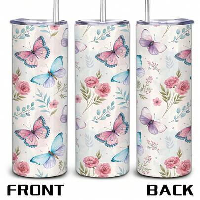 mikenda 1pc 20oz Stainless Steel Butterfly Rose Print Insulated Tumbler With Lid & Straw, Vacuum Sealed Keeps Hot 12hrs/Cold 24hrs, Reusable Floral Aesthetic Water Bottle For Car, Office, School, Lovely Gift For Ladies & Friends