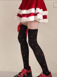 1 Pc Japanese Lolita Bow Over-The-Knee Socks, Fashionable & Sweet Heart Print Thigh High Stockings - Multicolor - View 4