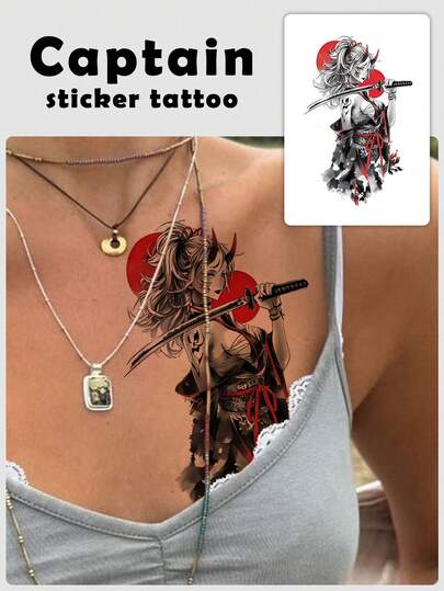 1pc Japanese Oni Mask Colorful Temporary Tattoo, 6.69*4.33inch, Mysterious Rebellious Cool Dark , Suitable For Arms, Legs, Chest And Other Body Parts, Waterproof, Sweat-Proof, Scratch-Resistant Long-Lasting