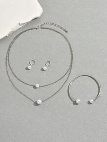 1 Set Women's Silver Faux Pearl Design Necklace + Bracelet + Earrings Jewelry Set, Suitable For Daily Wear - Silver - View 5