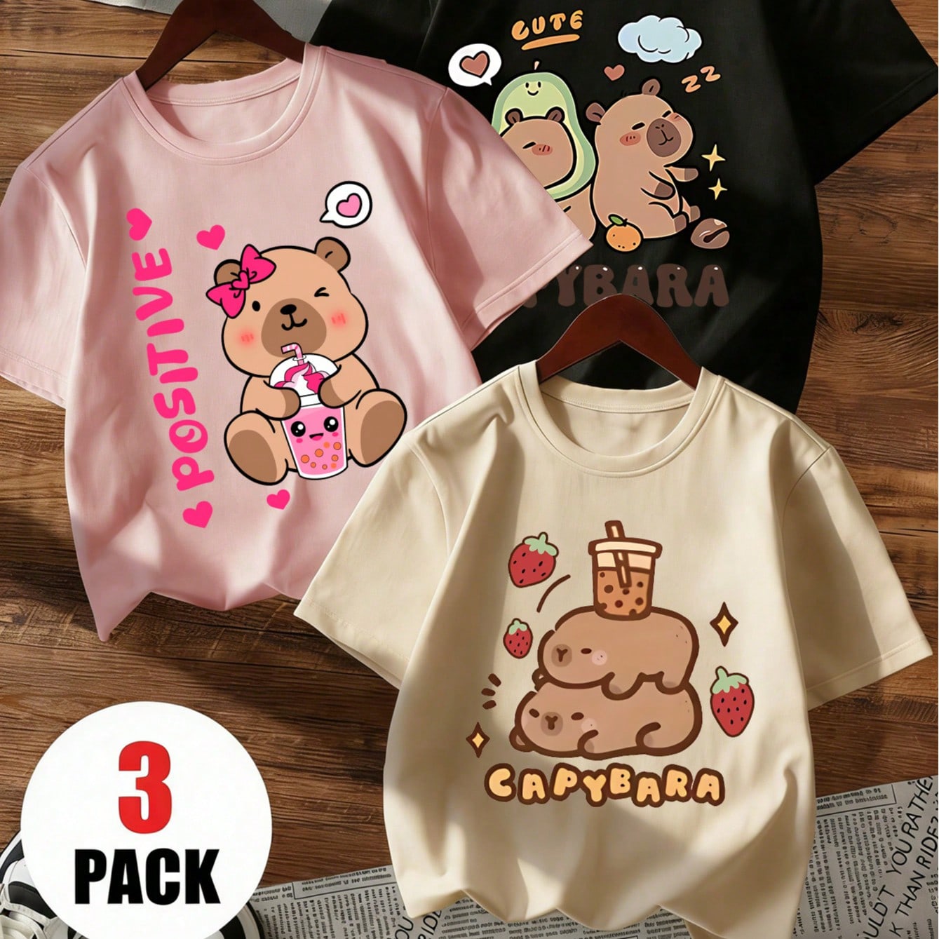 Set de 3 camisetas de manga corta con cuello redondo y estampado de capibara, estilo casual y lindo para niñas, adecuado para uso en verano