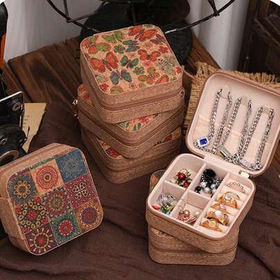 Retro Bohemian Style Soft Cork Jewelry Box With Zipper, Portable Mini Travel Jewelry Storage Box For Earrings, Rings, Necklaces And Bracelets, Cork Material Storage Box With Compartments, Beautiful Bedroom Vanity Decor, Bohemian Style Accessories For Women And Girls, Perfect Gift For Any Occasion