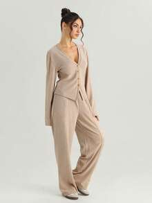 KATCH ME Women's Solid Color V-Neck Long Sleeve Button Tailored Top & Wide Leg Trousers Set, Cozy Two Piece Outfits For Fall & Winter - Oatmeal - View 6