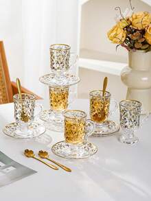 6 Cups, 6 Saucers, 6 Spoons, Ceramic Tea Cups And Saucers, Coffee Cups And Saucers, European Style Gold Rimmed Drinkware, Suitable For Tea Time, Breakfast, Garden, Dining Room, All Seasons - Multicolor - View 11