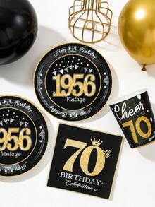 70件/20件套复古1956年70岁生日派对用品，复古主题餐具，包括盘子、餐巾纸和杯子，黑金配色，男女通用 - 1956 - 查看 6