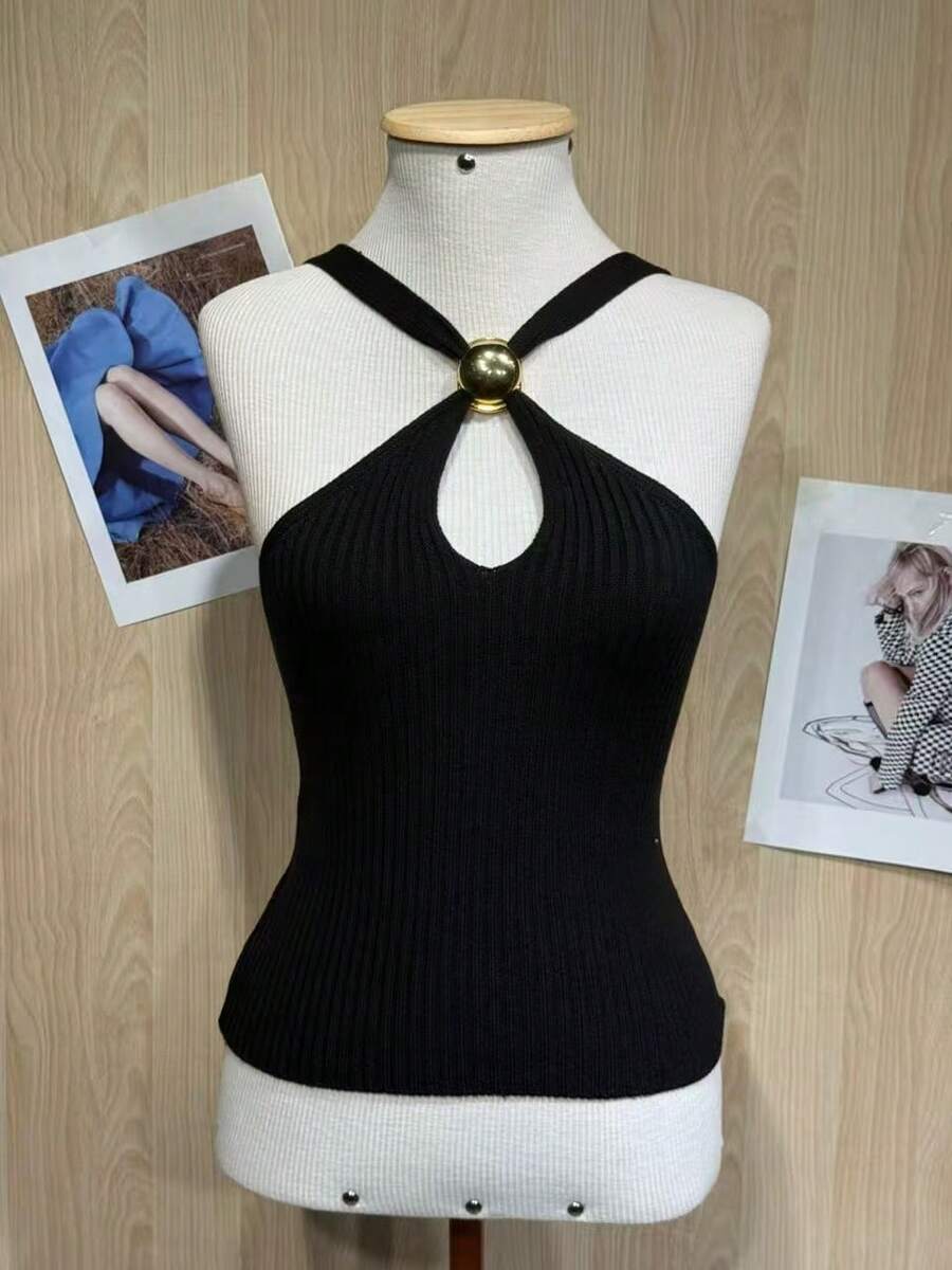 Halter Mesh Top With Metallic Detail - Black - View 1