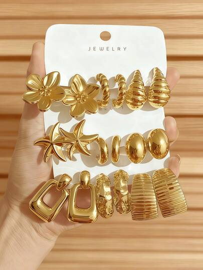 6-18pcs/Set Luxury Thick Gold-Tone Exaggerated Style Earring Set, Featuring Five-Leaf Flower, Starfish And Various C-Shape Elements, Suitable For Women Fashion Geometric Round Earrings, Personalized Exaggerated CCb Earrings Creative Retro Round Earring Set