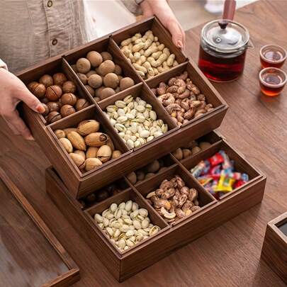 Multi-Compartment Wooden Snack Storage Box Set - Divided Storage Boxes With Transparent Lids. Dark Wood Design + Multiple Compartments: Separate Nuts, Candies And Snacks. Transparent Lids: Keep Food Fresh And Easily Identify Contents. Stackable/Detachable: Suitable For Home, Parties And Kitchen. Durable, Easy To Clean: Perfect Tidy Snack Storage!