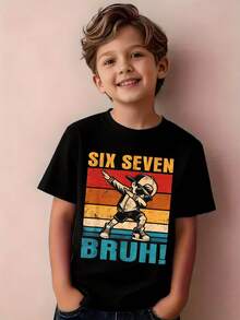 Áo thun cổ tròn in hình hoạt hình số 67 dành cho thiếu niên nam, chất liệu mềm mại, kiểu dáng thường ngày, phong cách Y2K mùa xuân/hè. - màu đen - Xem 1