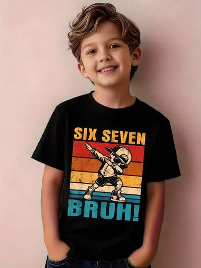 青少年男童卡通67印花圆领T恤，休闲柔软上衣，春夏Y2K风格